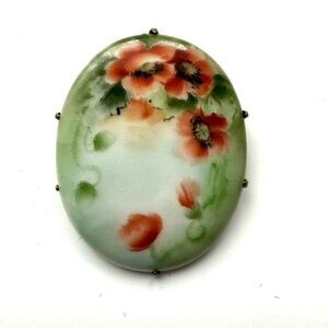 Antique Victorian Hand Painted Porcelain Poppy Brooch  Pin Back